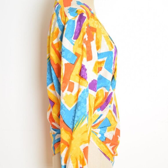 vintage 80s silk wrap blouse top shirt white yellow brush stroke print Argenti L - Picture 6 of 10